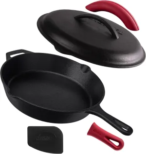 Cuisinel Cast Iron Skillet with Lid - 12"-inch Pre-Seasoned Covered Frying Pan Set   Silicone Handle & Lid Holders   Scraper/Cleaner - Indoor/Outdoor, Oven, Stovetop, Camping Fire, Grill Safe Cookware