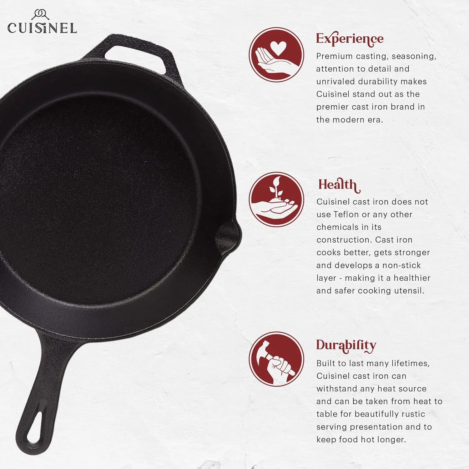 Cuisinel Cast Iron Skillets Set - 12"   10"   8"-Inch Pre-Seasoned Frying Pans   Silicone Handle Grip Covers - Use Indoor/Outdoor, Oven, Grill, Stove, BBQ, Camp Fire, Induction Kitchen Cookware