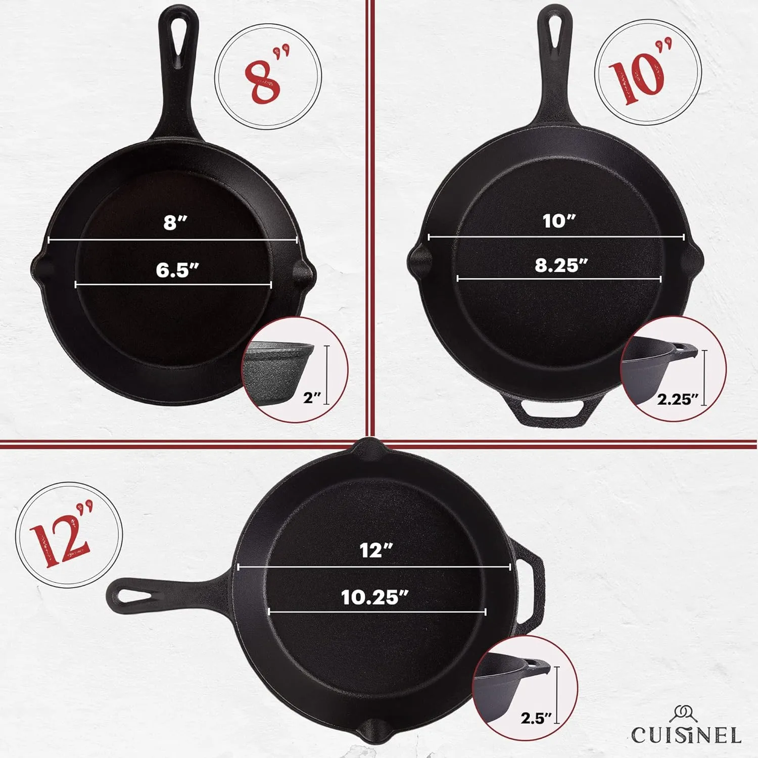 Cuisinel Cast Iron Skillets Set - 12"   10"   8"-Inch Pre-Seasoned Frying Pans   Silicone Handle Grip Covers - Use Indoor/Outdoor, Oven, Grill, Stove, BBQ, Camp Fire, Induction Kitchen Cookware