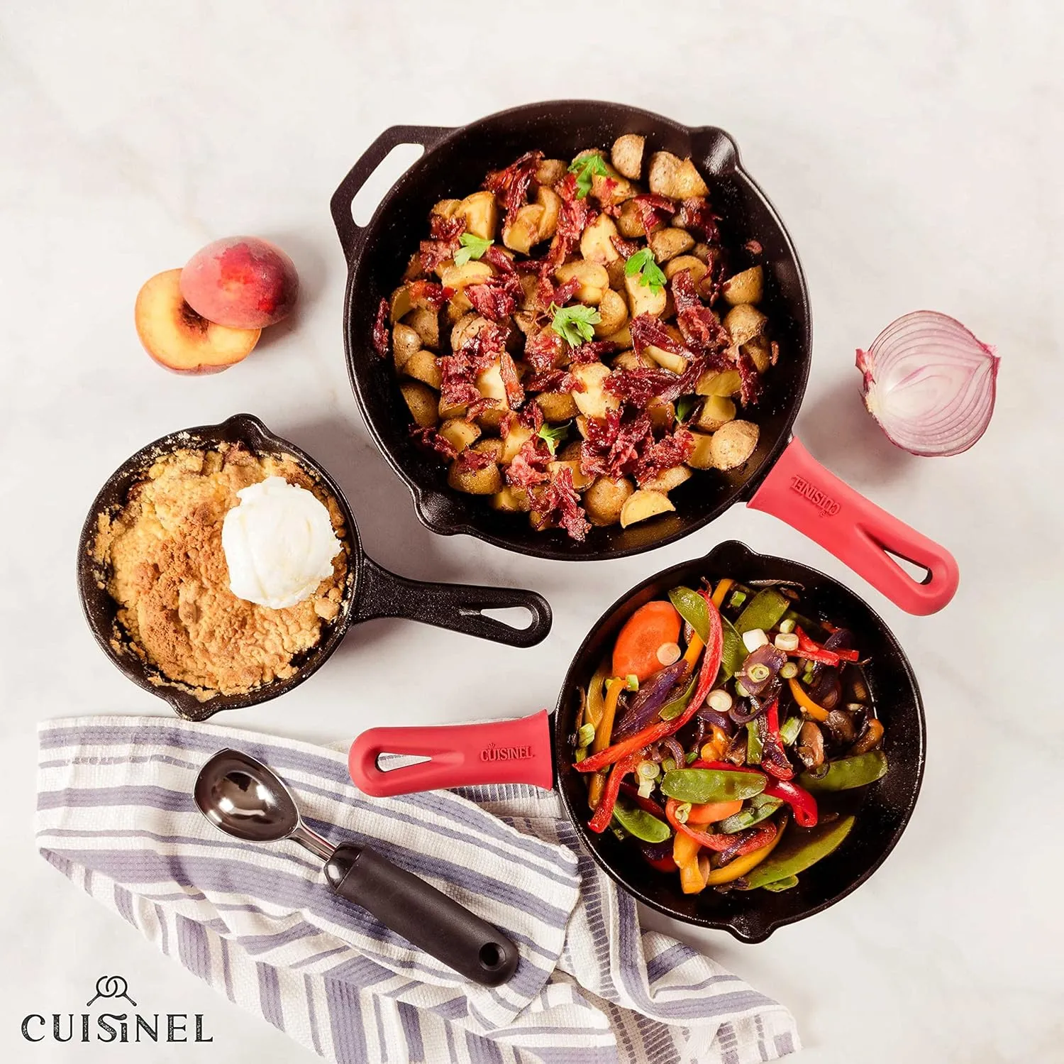 Cuisinel Cast Iron Skillets Set - 12"   10"   8"-Inch Pre-Seasoned Frying Pans   Silicone Handle Grip Covers - Use Indoor/Outdoor, Oven, Grill, Stove, BBQ, Camp Fire, Induction Kitchen Cookware