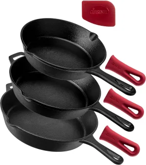 Cuisinel Cast Iron Skillets Set - 12"   10"   8"-Inch Pre-Seasoned Frying Pans   Silicone Handle Grip Covers - Use Indoor/Outdoor, Oven, Grill, Stove, BBQ, Camp Fire, Induction Kitchen Cookware