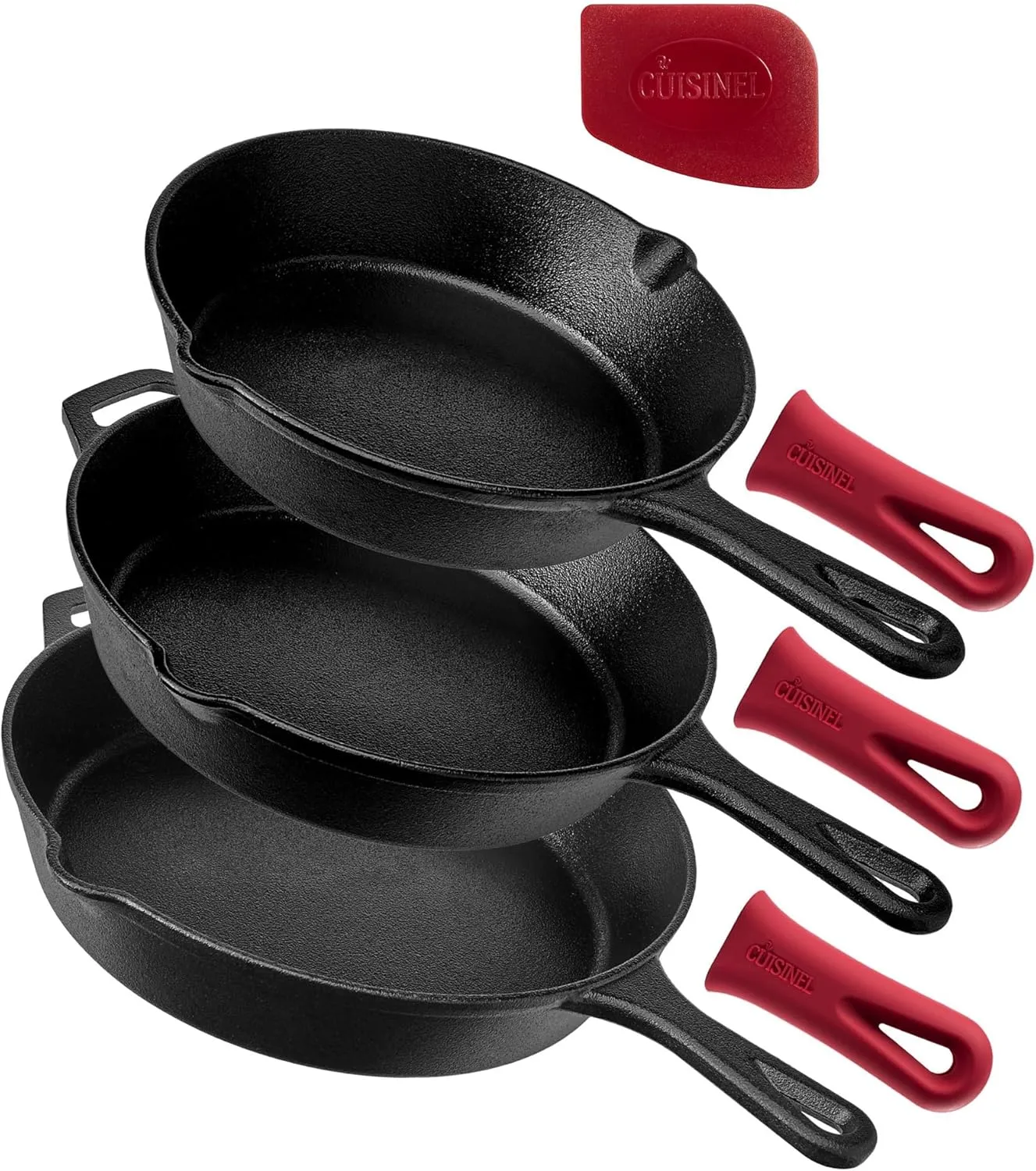 Cuisinel Cast Iron Skillets Set - 12"   10"   8"-Inch Pre-Seasoned Frying Pans   Silicone Handle Grip Covers - Use Indoor/Outdoor, Oven, Grill, Stove, BBQ, Camp Fire, Induction Kitchen Cookware