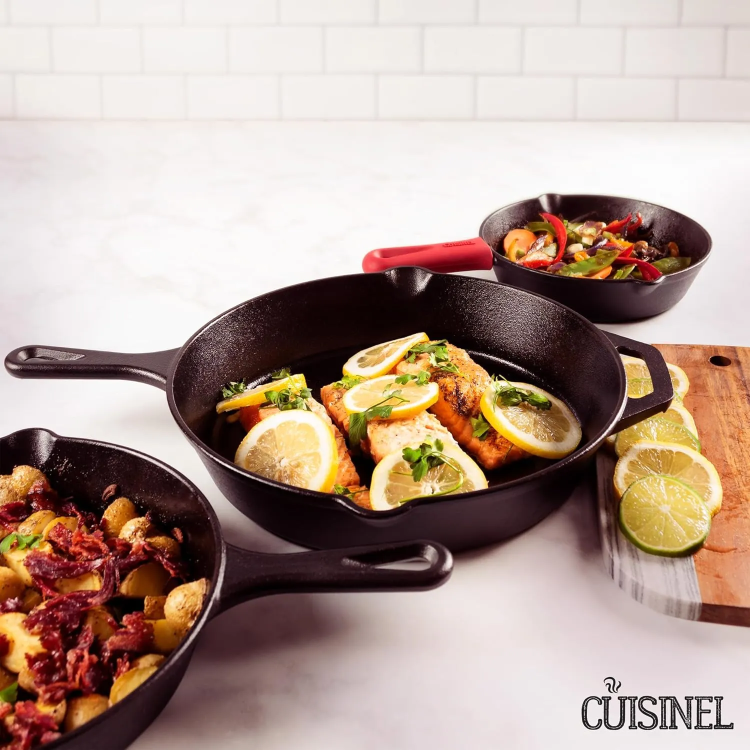 Cuisinel Cast Iron Skillets Set - 12"   10"   8"-Inch Pre-Seasoned Frying Pans   Silicone Handle Grip Covers - Use Indoor/Outdoor, Oven, Grill, Stove, BBQ, Camp Fire, Induction Kitchen Cookware