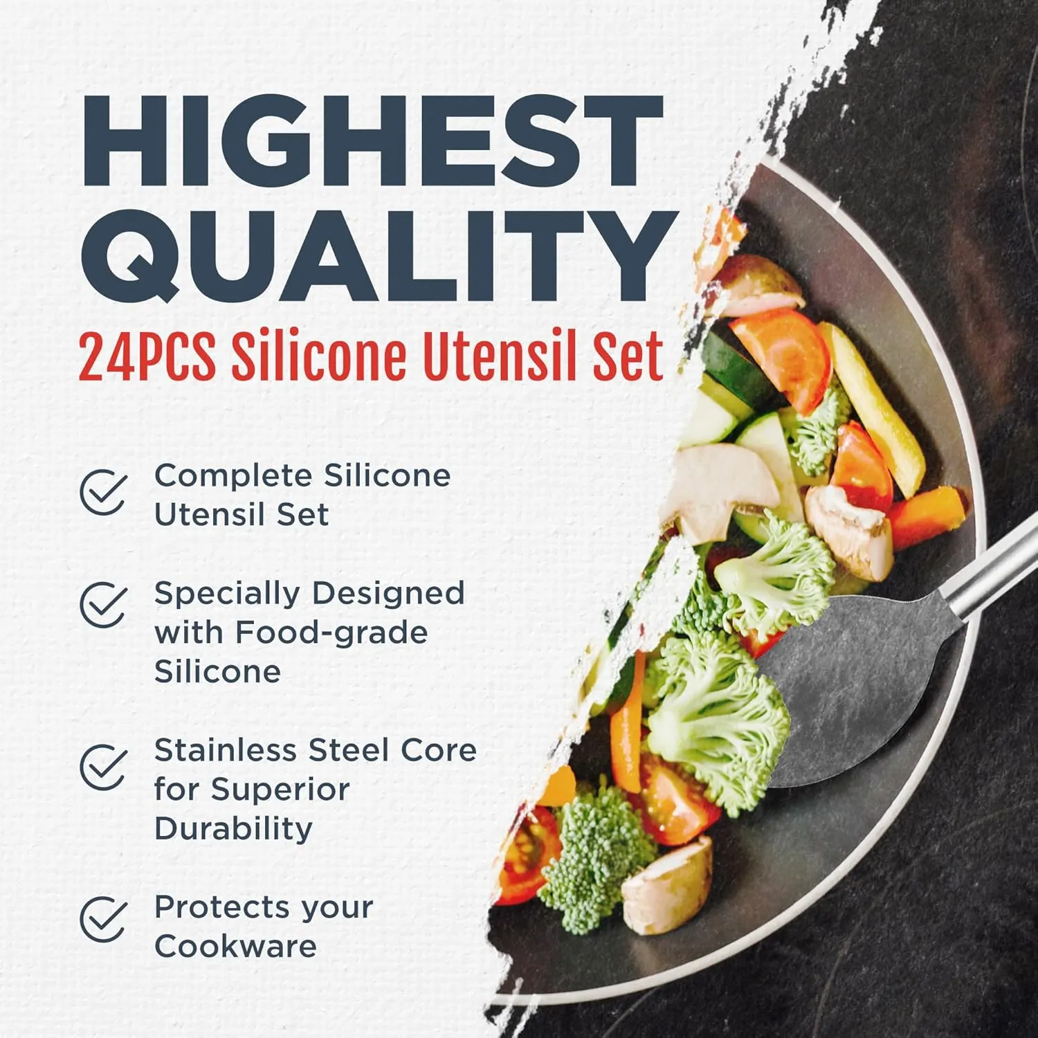 Culinary Couture 24-Piece Grey Silicone Cooking Utensils Set - Nonstick Safe, Stainless Steel Handles & Accessories