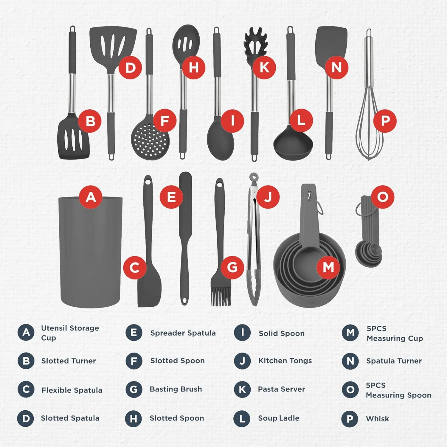 Culinary Couture 24-Piece Grey Silicone Cooking Utensils Set - Nonstick Safe, Stainless Steel Handles & Accessories