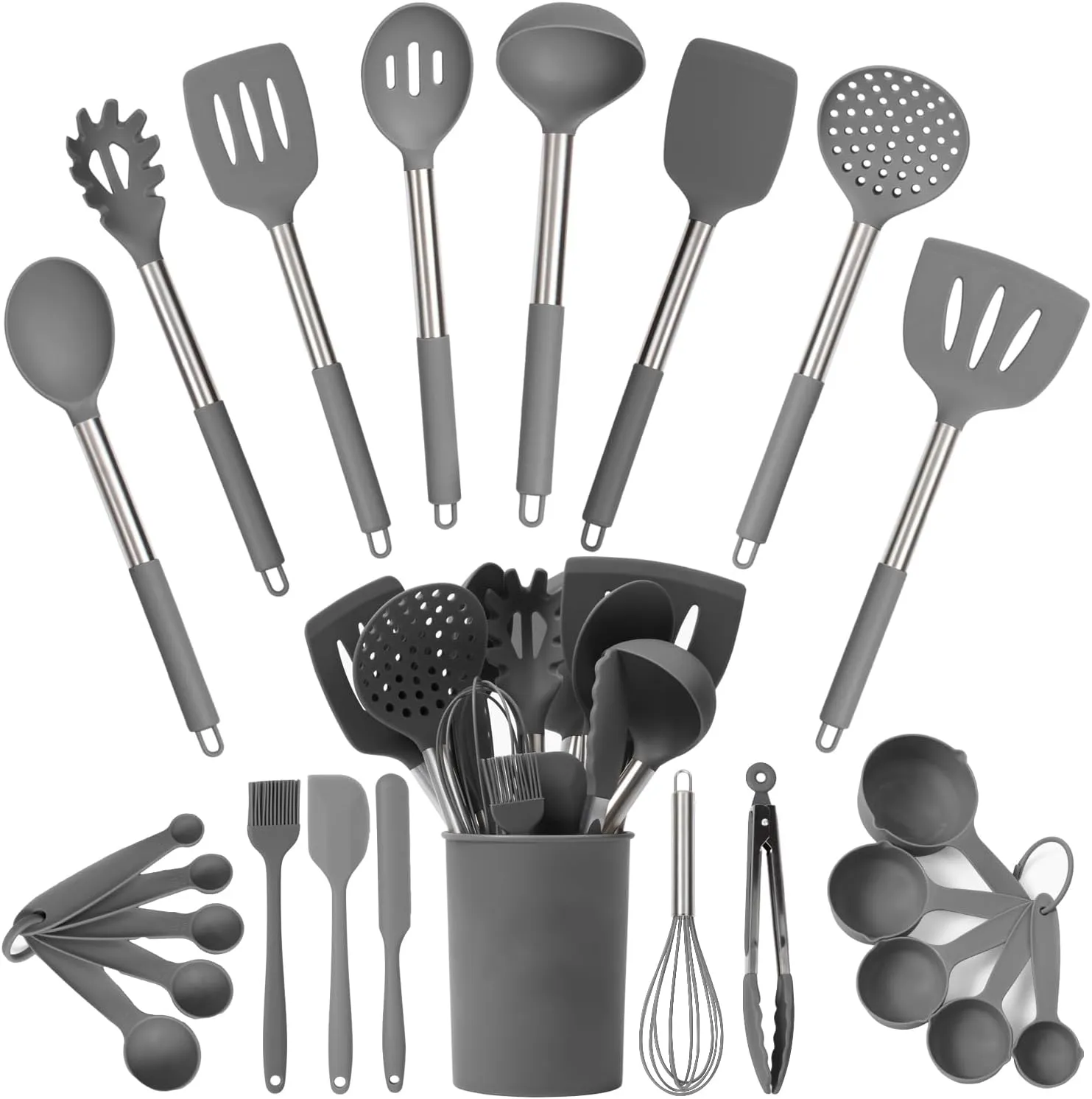 Culinary Couture 24-Piece Grey Silicone Cooking Utensils Set - Nonstick Safe, Stainless Steel Handles & Accessories