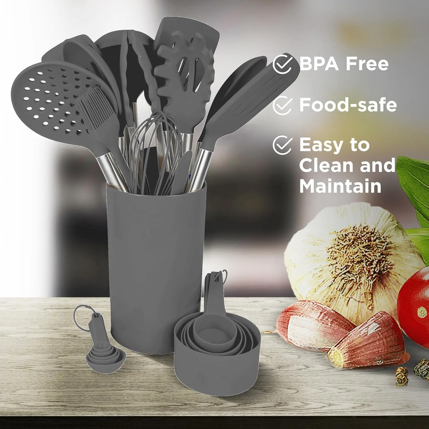 Culinary Couture 24-Piece Grey Silicone Cooking Utensils Set - Nonstick Safe, Stainless Steel Handles & Accessories