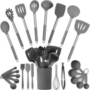 Culinary Couture 24-Piece Grey Silicone Cooking Utensils Set - Nonstick Safe, Stainless Steel Handles & Accessories