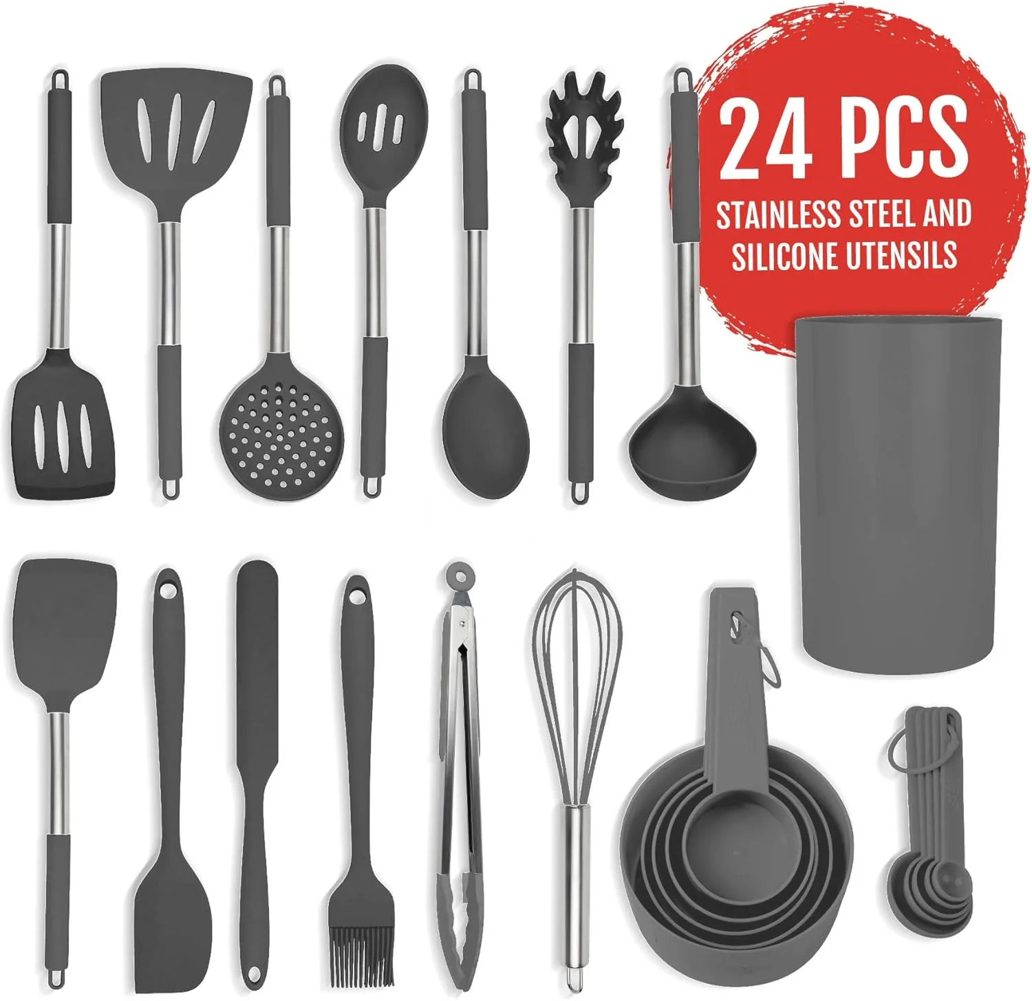 Culinary Couture 24-Piece Grey Silicone Cooking Utensils Set - Nonstick Safe, Stainless Steel Handles & Accessories