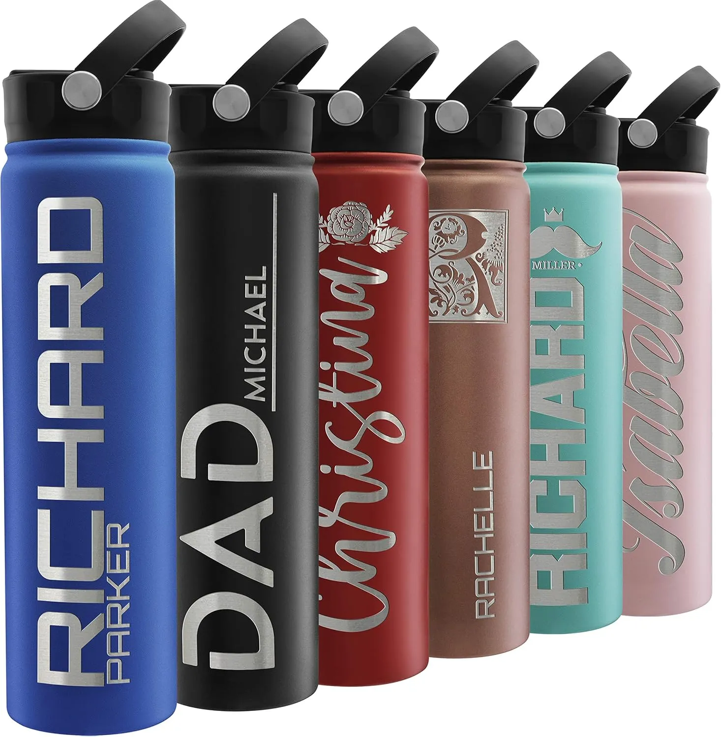 Custom Water Bottle w Straw Lid & Handle - 24 oz, Blue - Personalized Double-Wall Vacuum-Insulated Sports Water Bottle w Name, Text | Laser Engraved Water Bottle with 3 sizes, 12 designs & 9 color