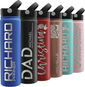 Custom Water Bottle w Straw Lid & Handle - 24 oz, Blue - Personalized Double-Wall Vacuum-Insulated Sports Water Bottle w Name, Text | Laser Engraved Water Bottle with 3 sizes, 12 designs & 9 color