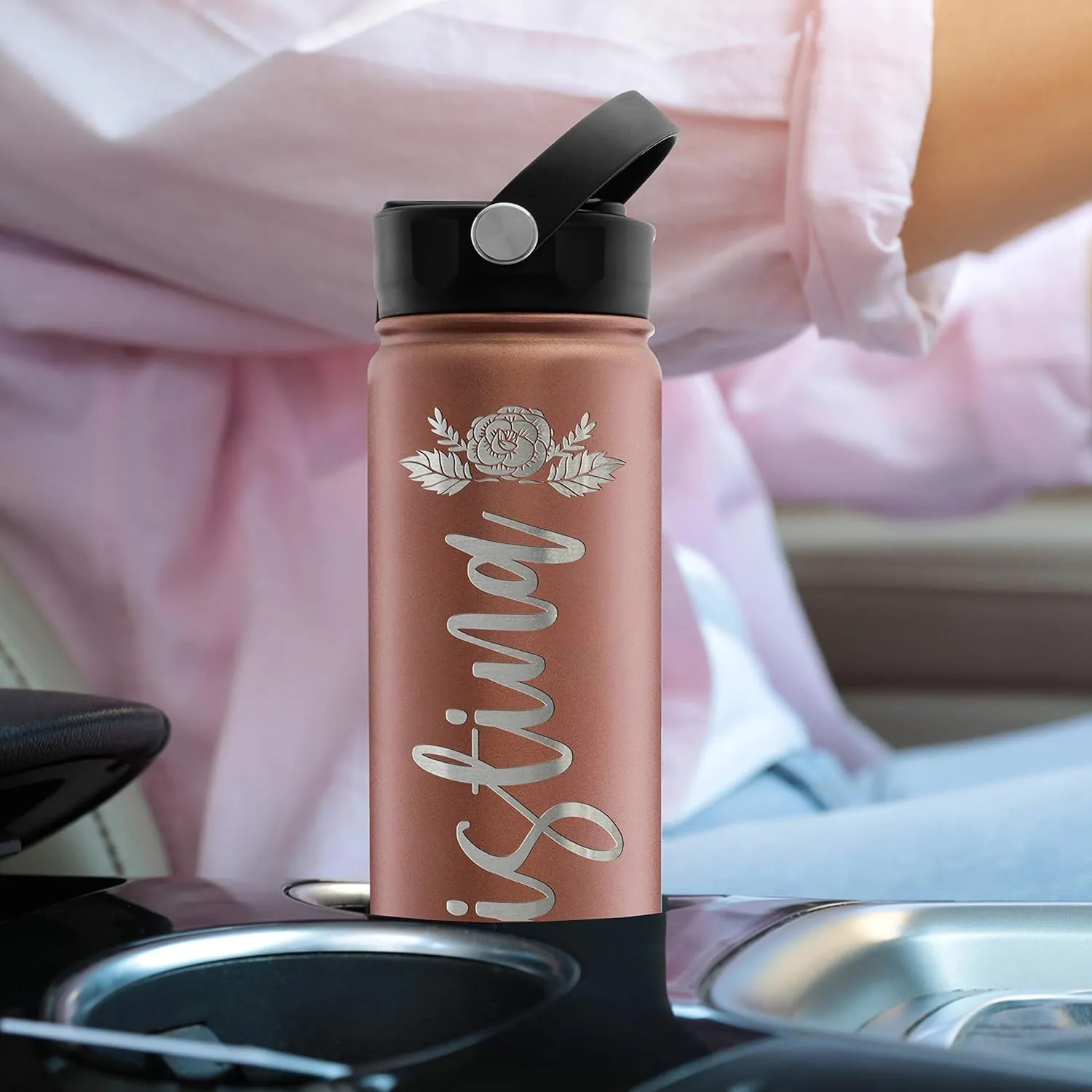 Custom Water Bottle w Straw Lid & Handle - 24 oz, Blue - Personalized Double-Wall Vacuum-Insulated Sports Water Bottle w Name, Text | Laser Engraved Water Bottle with 3 sizes, 12 designs & 9 color