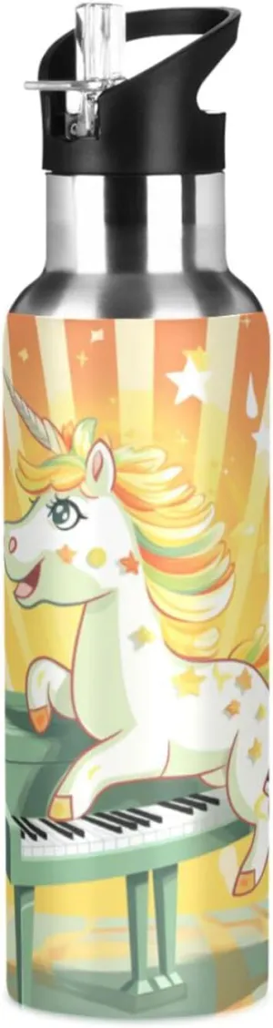 Cute Cartoon Golden Unicorn Sport Water Bottle Insulated Stainless Steel Large Vacuum Flask Leak Proof Thermos with Straw for Travel(600ml/1000ml)
