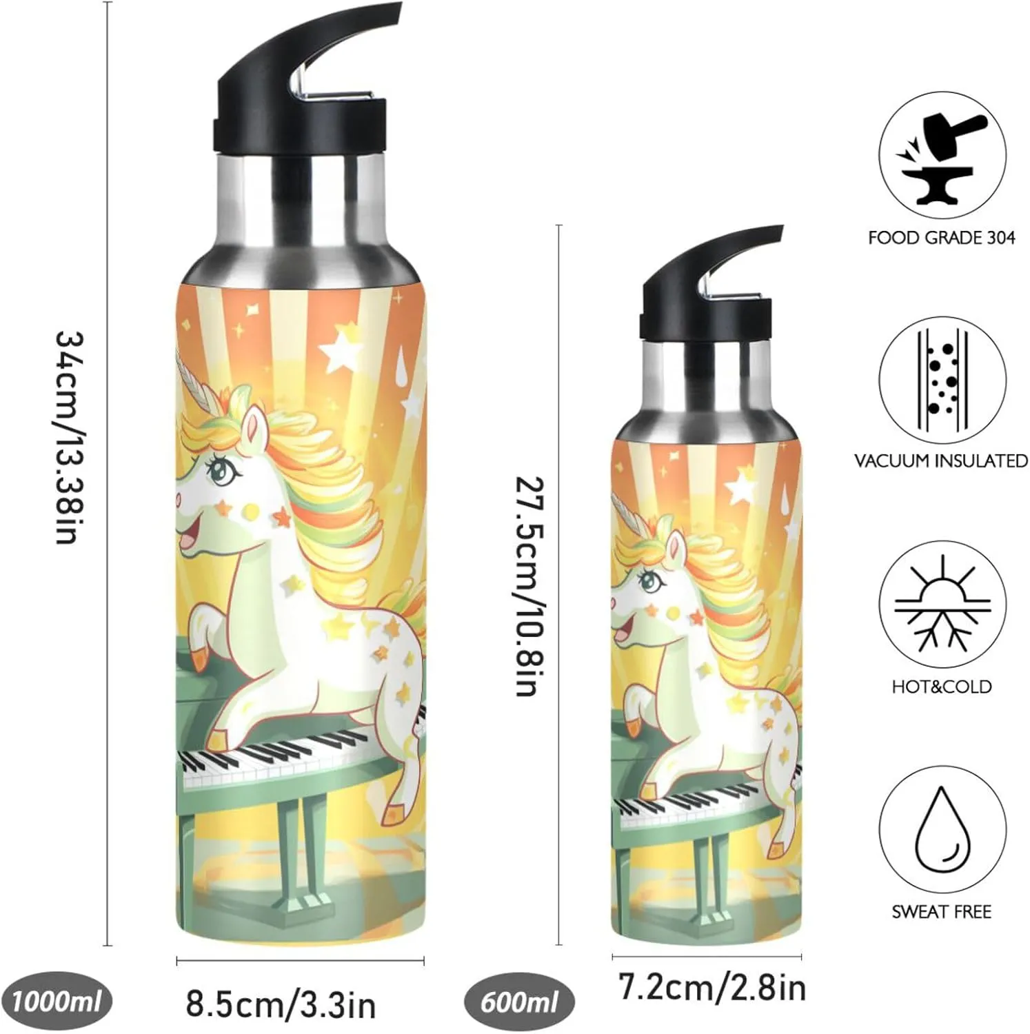 Cute Cartoon Golden Unicorn Sport Water Bottle Insulated Stainless Steel Large Vacuum Flask Leak Proof Thermos with Straw for Travel(600ml/1000ml)