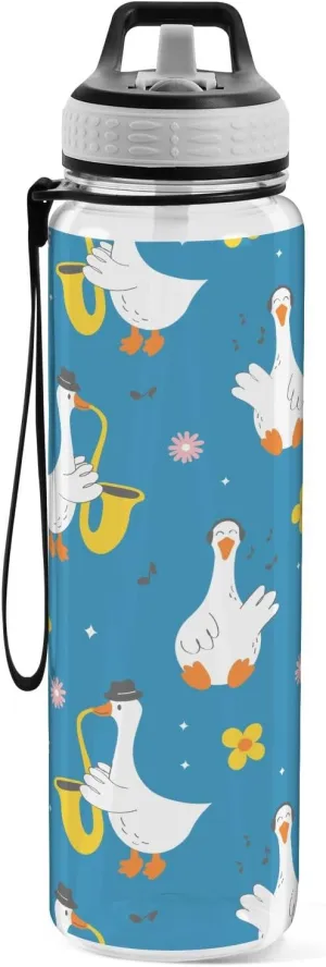 Cute Cartoon Goose Sports Water Bottle with Straw Lid Tritan Water Bottle Large 32oz BPA Free Clear Leakproof Drinking Bottle for Kids Boys Girls Women Men Gym School