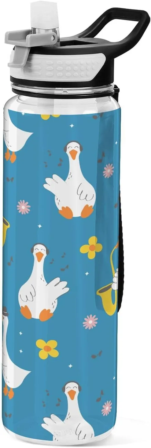 Cute Cartoon Goose Sports Water Bottle with Straw Lid Tritan Water Bottle Large 32oz BPA Free Clear Leakproof Drinking Bottle for Kids Boys Girls Women Men Gym School