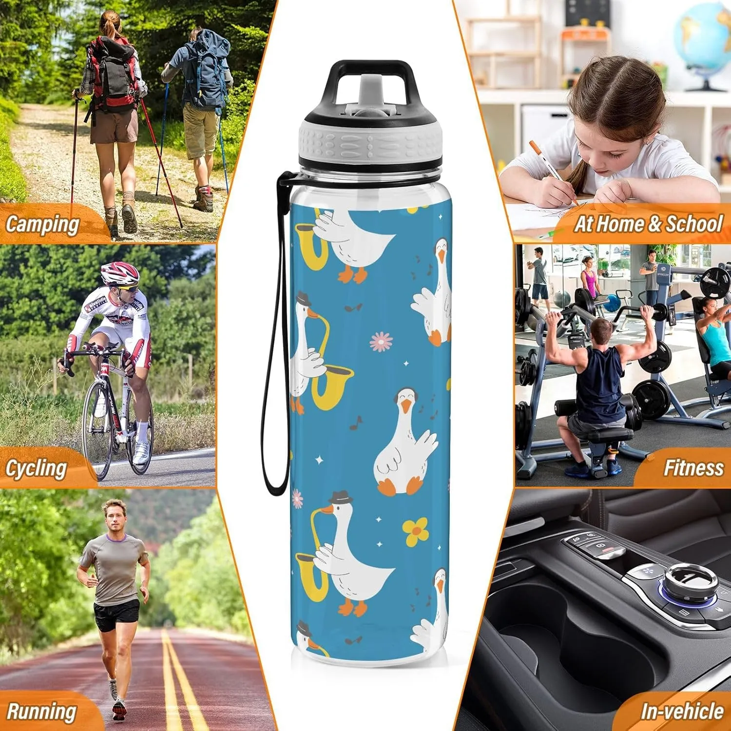 Cute Cartoon Goose Sports Water Bottle with Straw Lid Tritan Water Bottle Large 32oz BPA Free Clear Leakproof Drinking Bottle for Kids Boys Girls Women Men Gym School