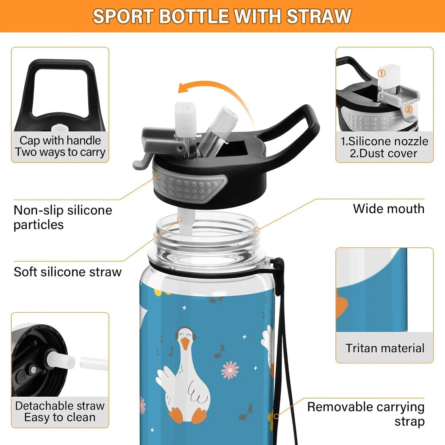 Cute Cartoon Goose Sports Water Bottle with Straw Lid Tritan Water Bottle Large 32oz BPA Free Clear Leakproof Drinking Bottle for Kids Boys Girls Women Men Gym School