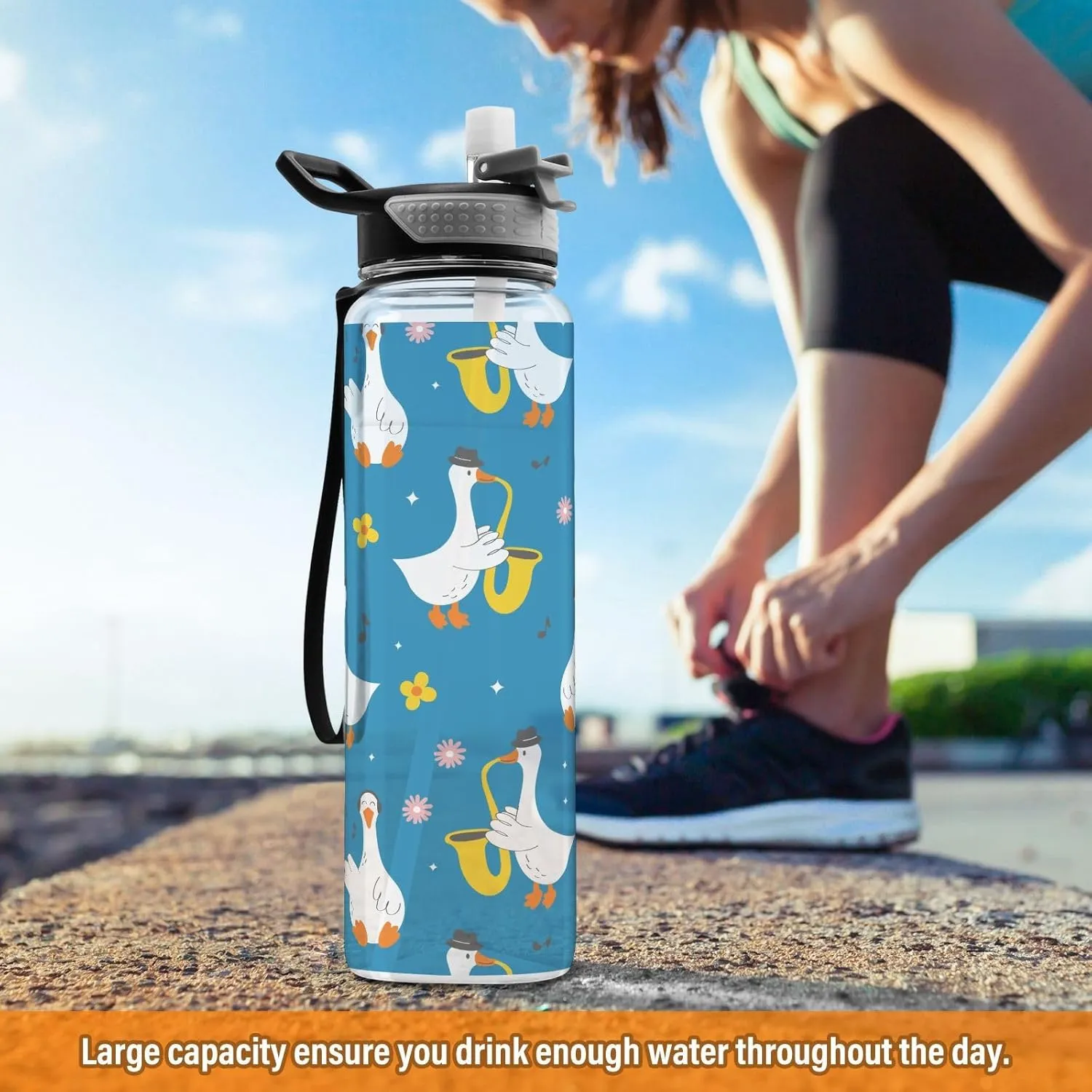 Cute Cartoon Goose Sports Water Bottle with Straw Lid Tritan Water Bottle Large 32oz BPA Free Clear Leakproof Drinking Bottle for Kids Boys Girls Women Men Gym School