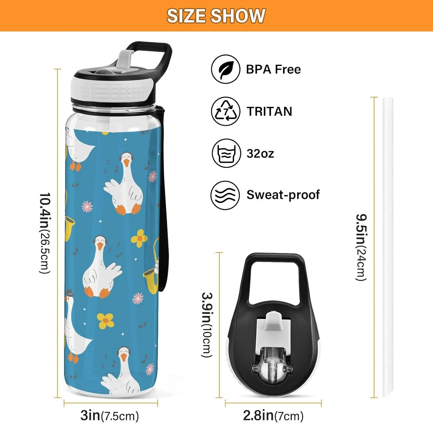 Cute Cartoon Goose Sports Water Bottle with Straw Lid Tritan Water Bottle Large 32oz BPA Free Clear Leakproof Drinking Bottle for Kids Boys Girls Women Men Gym School