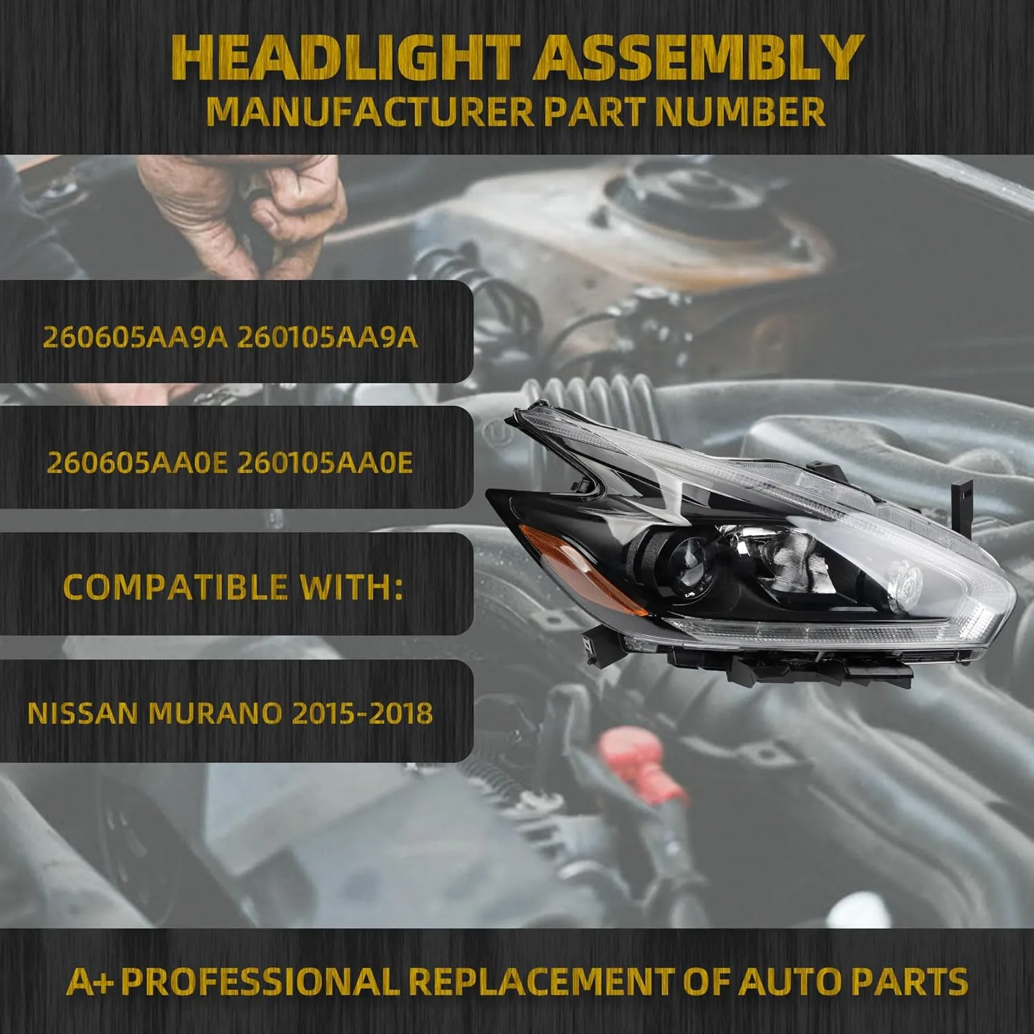 Dasbecan Halogen Headlight Compatible With Nissan Murano 2015-2018 Black LED DRL Projector Headlamp Assembly Right Passenger Side Replaces# 260605AA9A 260105AA9A 260605AA0E 260105AA0E
