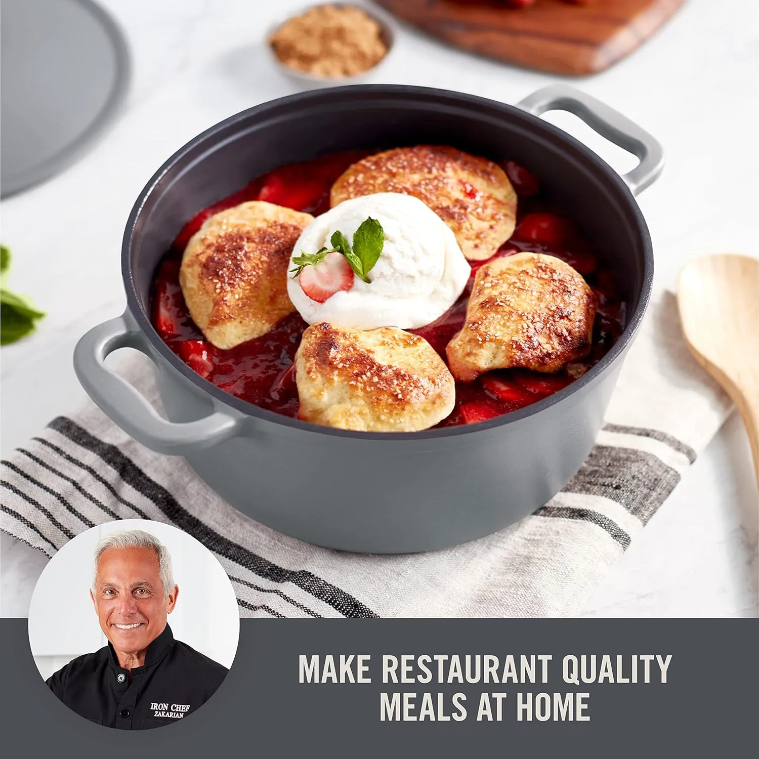 DASH Zakarian by DASH 4.5 Qt Nonstick Cast Iron Dutch Oven, Titanium Ceramic Nonstick Pot with Lid and Handles, Grey