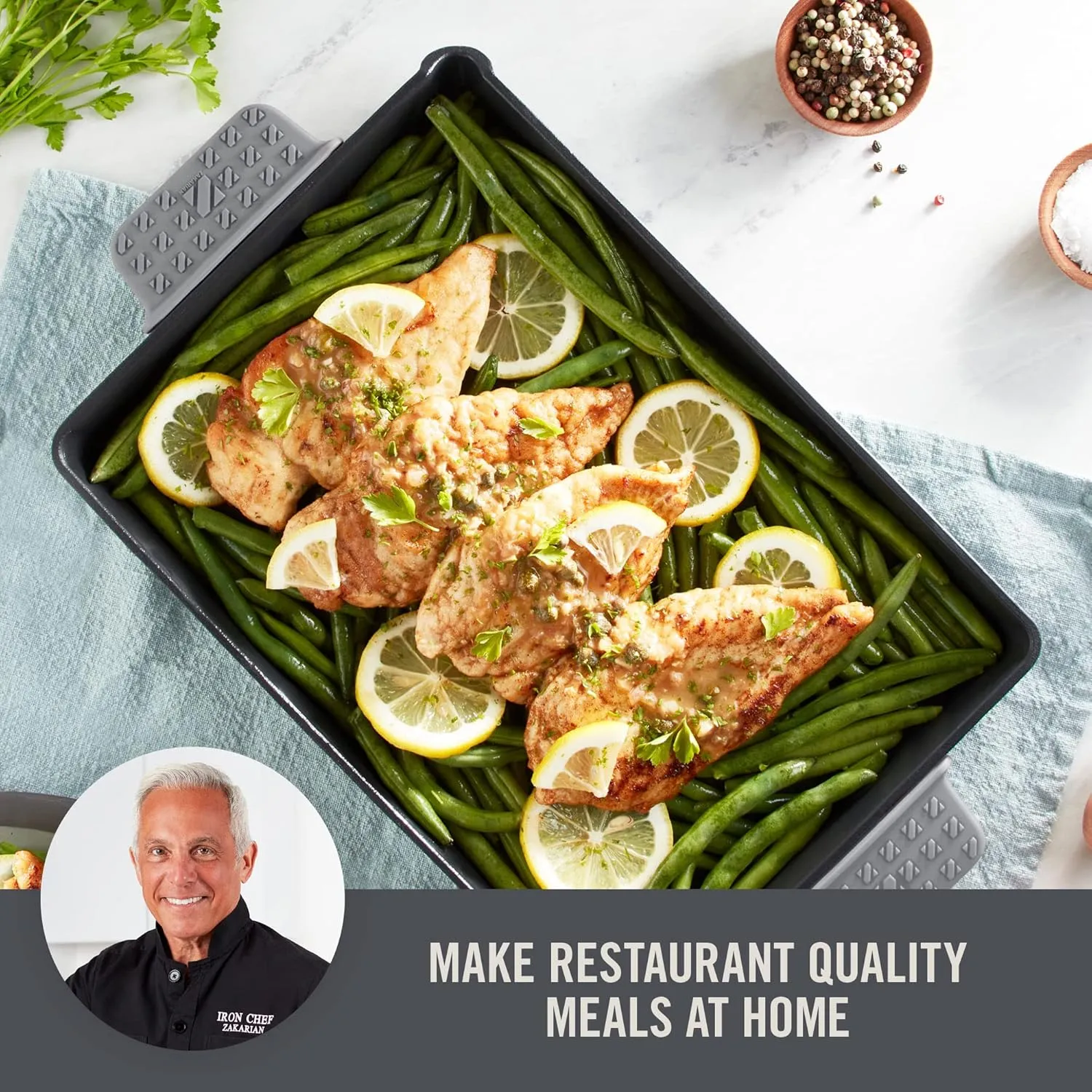 DASH Zakarian by Dash 9"x13" Nonstick Cast Iron Pan with Pour Spout and Removable Silicone Grips for Searing, Baking, Broiling, Grilling and more - Grey