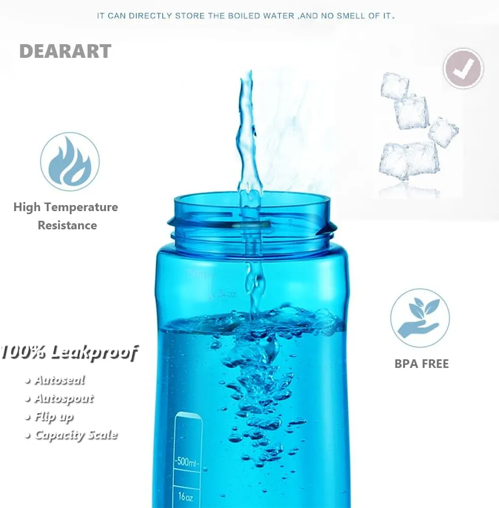 DEARART 2-Pack 24oz Light Blue & Dark Cyan Water Bottles With Straw, Leakproof BPA FREE Hidden Nozzle, Flip Up Lid Has Handle Wide Bottle Easy Clear, Suit Office Outdoor Sports Travel Gym.