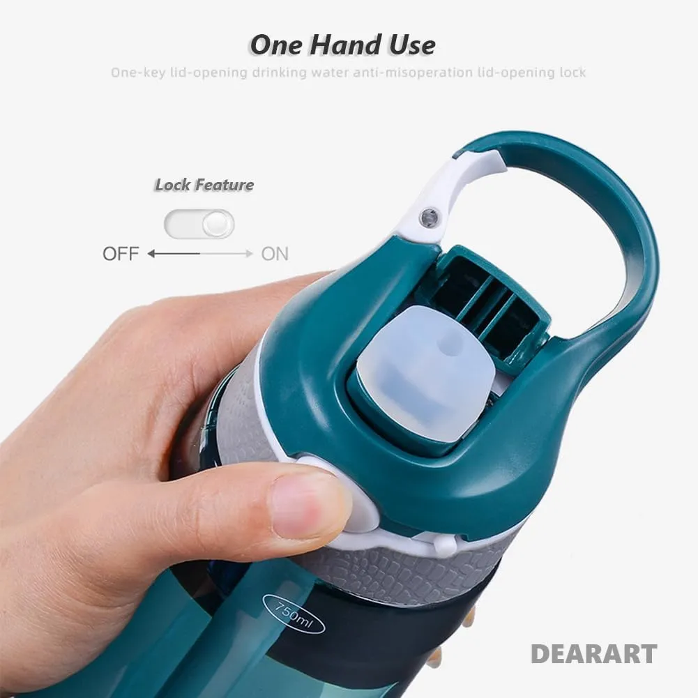 DEARART 2-Pack 24oz Light Blue & Dark Cyan Water Bottles With Straw, Leakproof BPA FREE Hidden Nozzle, Flip Up Lid Has Handle Wide Bottle Easy Clear, Suit Office Outdoor Sports Travel Gym.