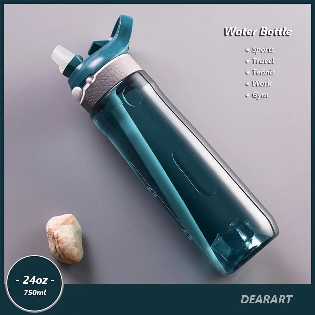 DEARART 2-Pack 24oz Light Blue & Dark Cyan Water Bottles With Straw, Leakproof BPA FREE Hidden Nozzle, Flip Up Lid Has Handle Wide Bottle Easy Clear, Suit Office Outdoor Sports Travel Gym.