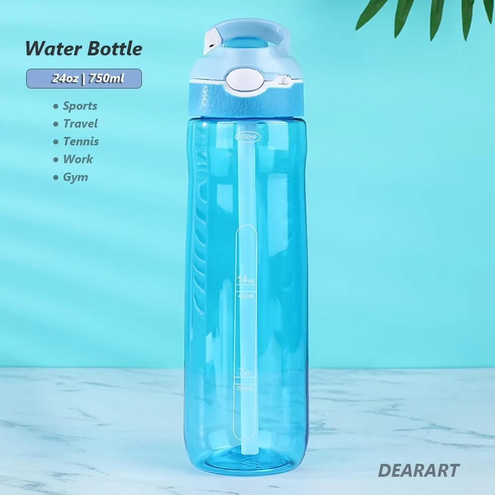 DEARART 2-Pack 24oz Light Blue & Dark Cyan Water Bottles With Straw, Leakproof BPA FREE Hidden Nozzle, Flip Up Lid Has Handle Wide Bottle Easy Clear, Suit Office Outdoor Sports Travel Gym.