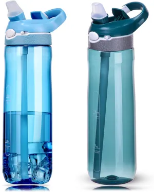 DEARART 2-Pack 24oz Light Blue & Dark Cyan Water Bottles With Straw, Leakproof BPA FREE Hidden Nozzle, Flip Up Lid Has Handle Wide Bottle Easy Clear, Suit Office Outdoor Sports Travel Gym.
