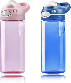 DEARART 2-Pack Blue Water Bottle and Pink Water Bottle, 16oz Capacity Small Clear Bottle No Straw BPA FREE Leakproof Wide Mouth, Has Handle Easy Carried, Suit School, Gym, Sports, Work etc.