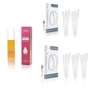 Dermaplaning Tool (15 Count) and Dermaplane Oil Bundle - Easy to Use Facial Razor with Pre Shave Oil - Effortless Hair Removal