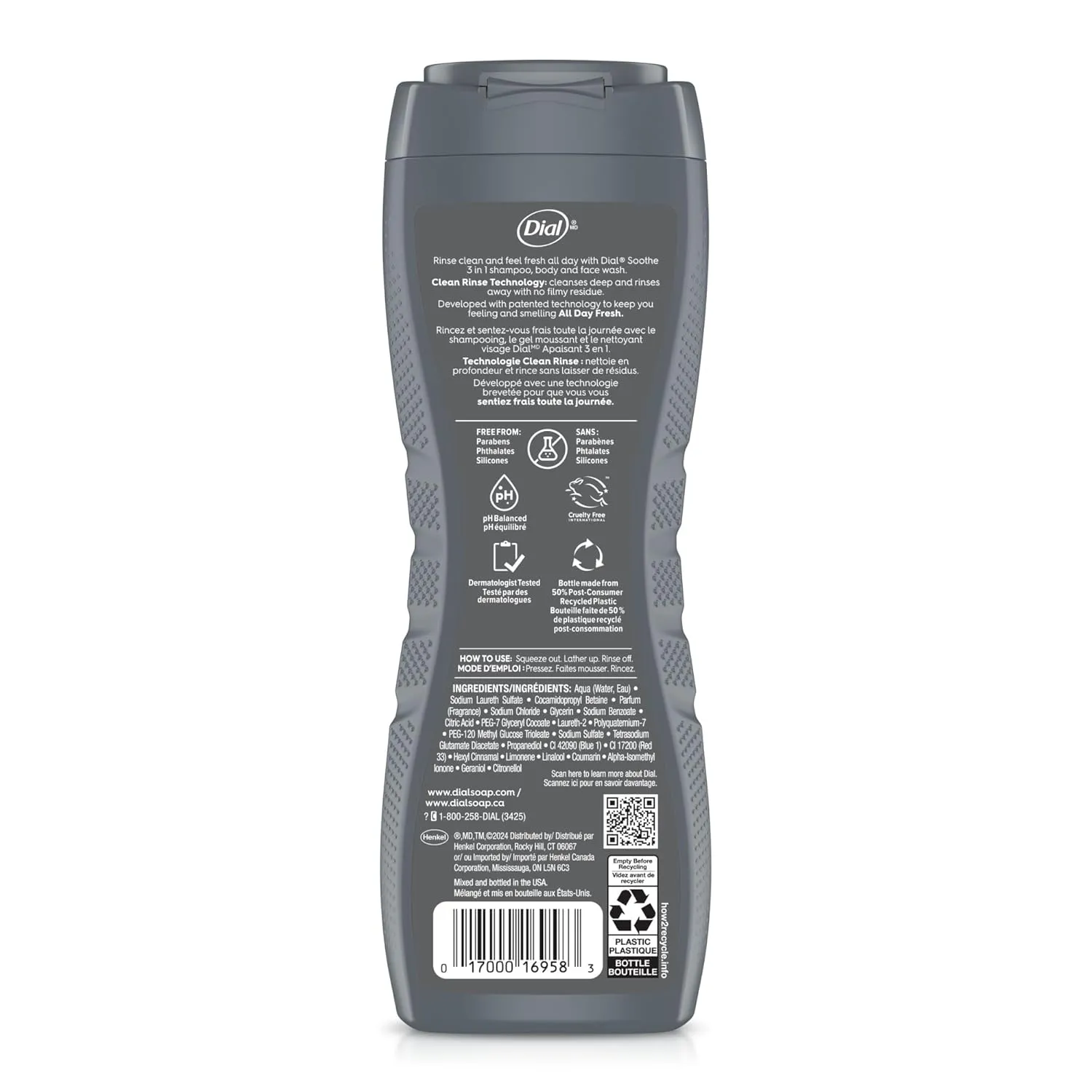 Dial Men 3in1 Body, Hair and Face Wash, Soothe, Infinite Fresh, 16 fl oz, Pack of 4