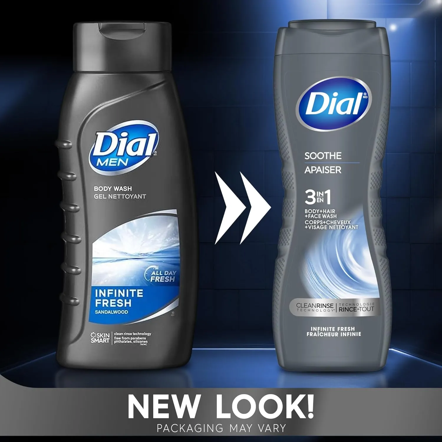 Dial Men 3in1 Body, Hair and Face Wash, Soothe, Infinite Fresh, 16 fl oz, Pack of 4