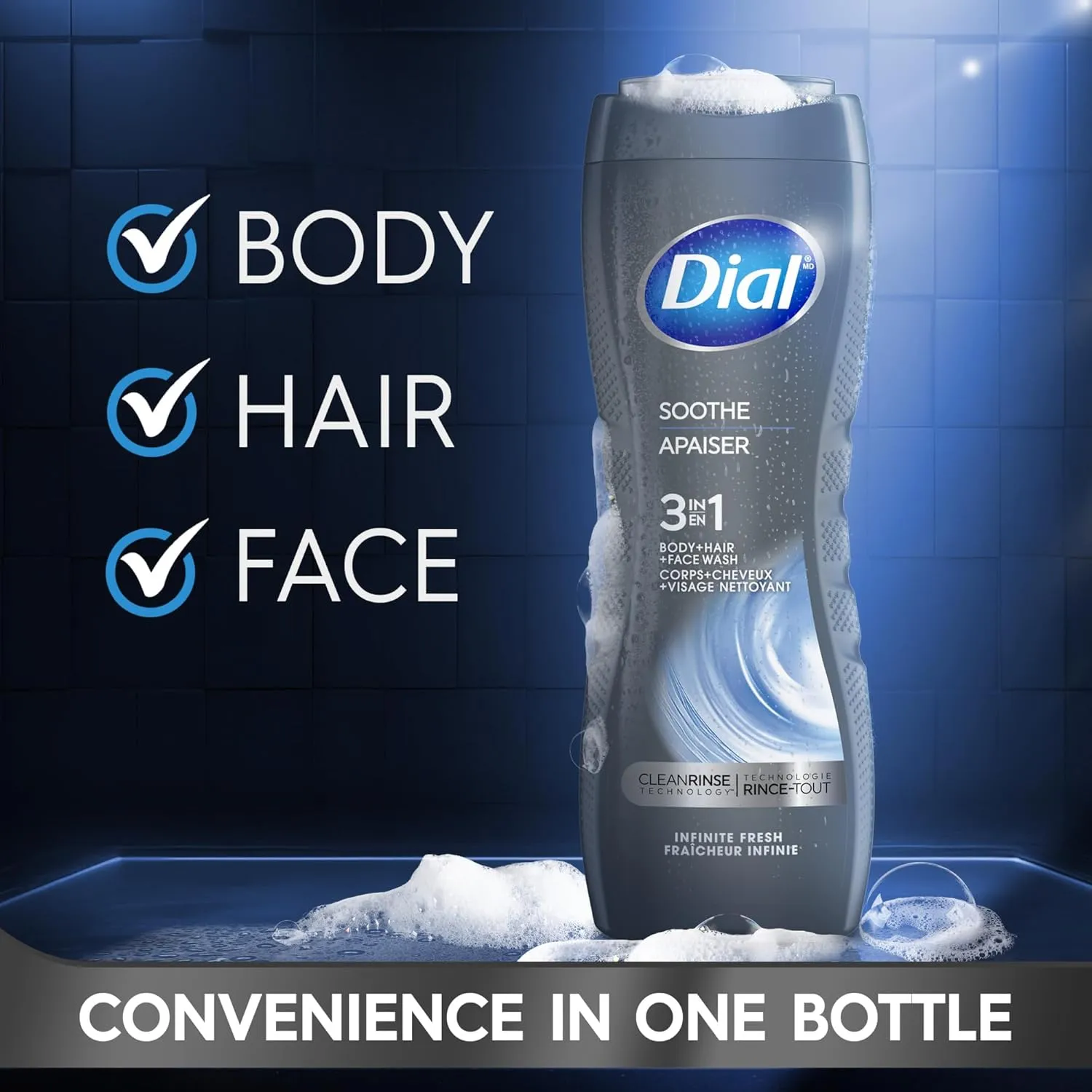 Dial Men 3in1 Body, Hair and Face Wash, Soothe, Infinite Fresh, 16 fl oz, Pack of 4