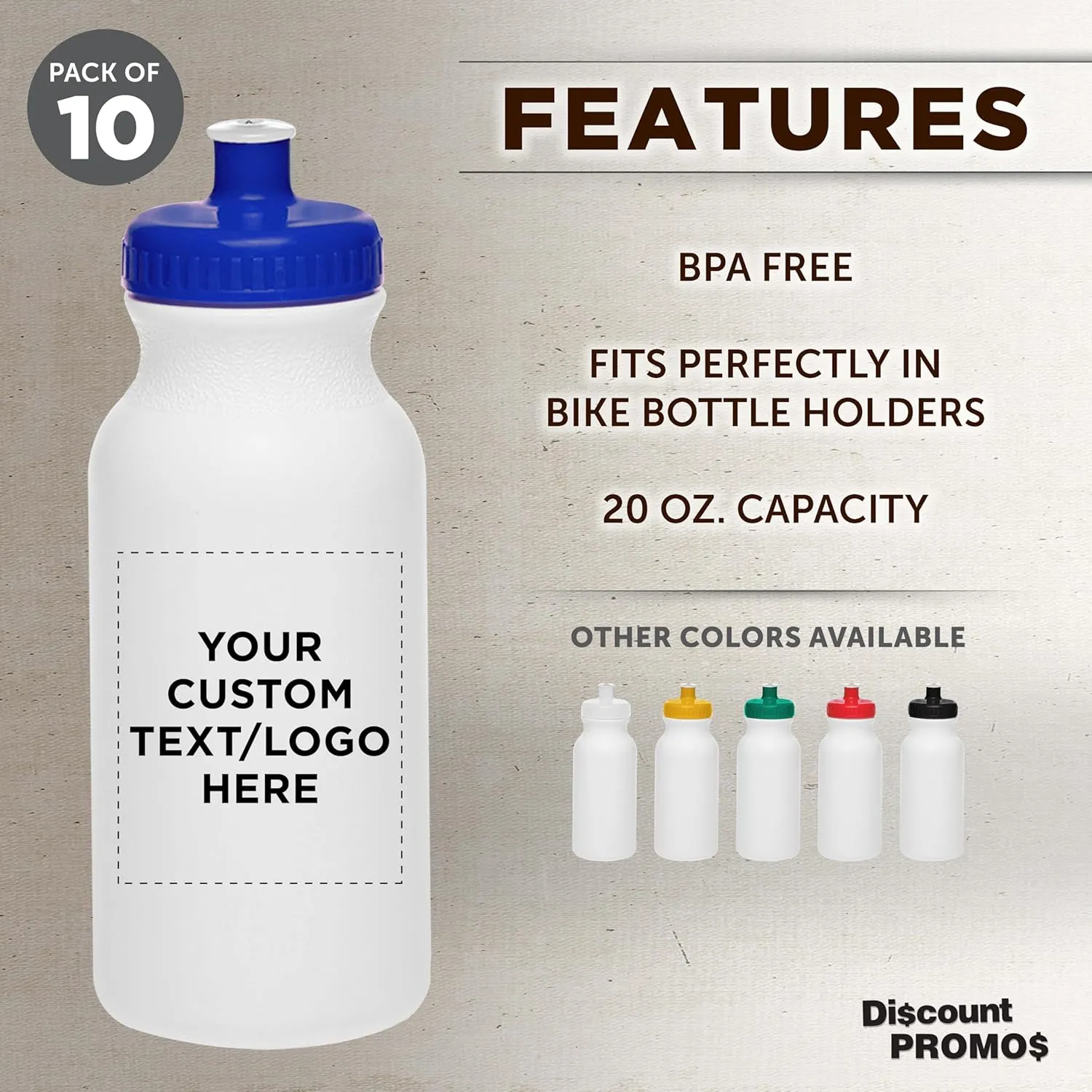 DISCOUNT PROMOS Custom White Water Bottles with Push Cap -10 pack, Customizable Text, Logo, 20 oz, Reusable BPA FREE Squeezable Bottles in Bulk, White Blue
