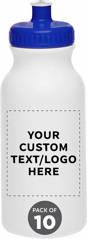 DISCOUNT PROMOS Custom White Water Bottles with Push Cap -10 pack, Customizable Text, Logo, 20 oz, Reusable BPA FREE Squeezable Bottles in Bulk, White Blue