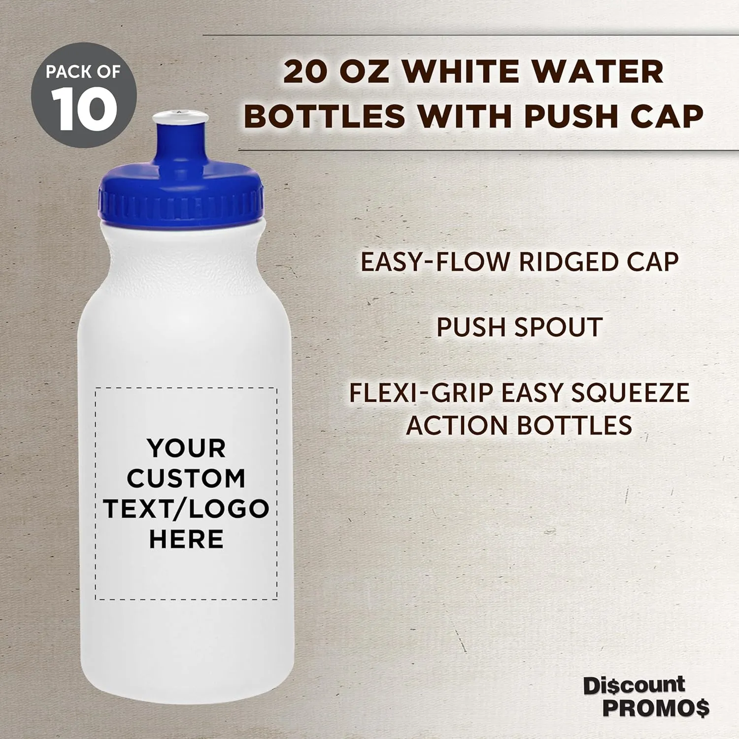 DISCOUNT PROMOS Custom White Water Bottles with Push Cap -10 pack, Customizable Text, Logo, 20 oz, Reusable BPA FREE Squeezable Bottles in Bulk, White Blue