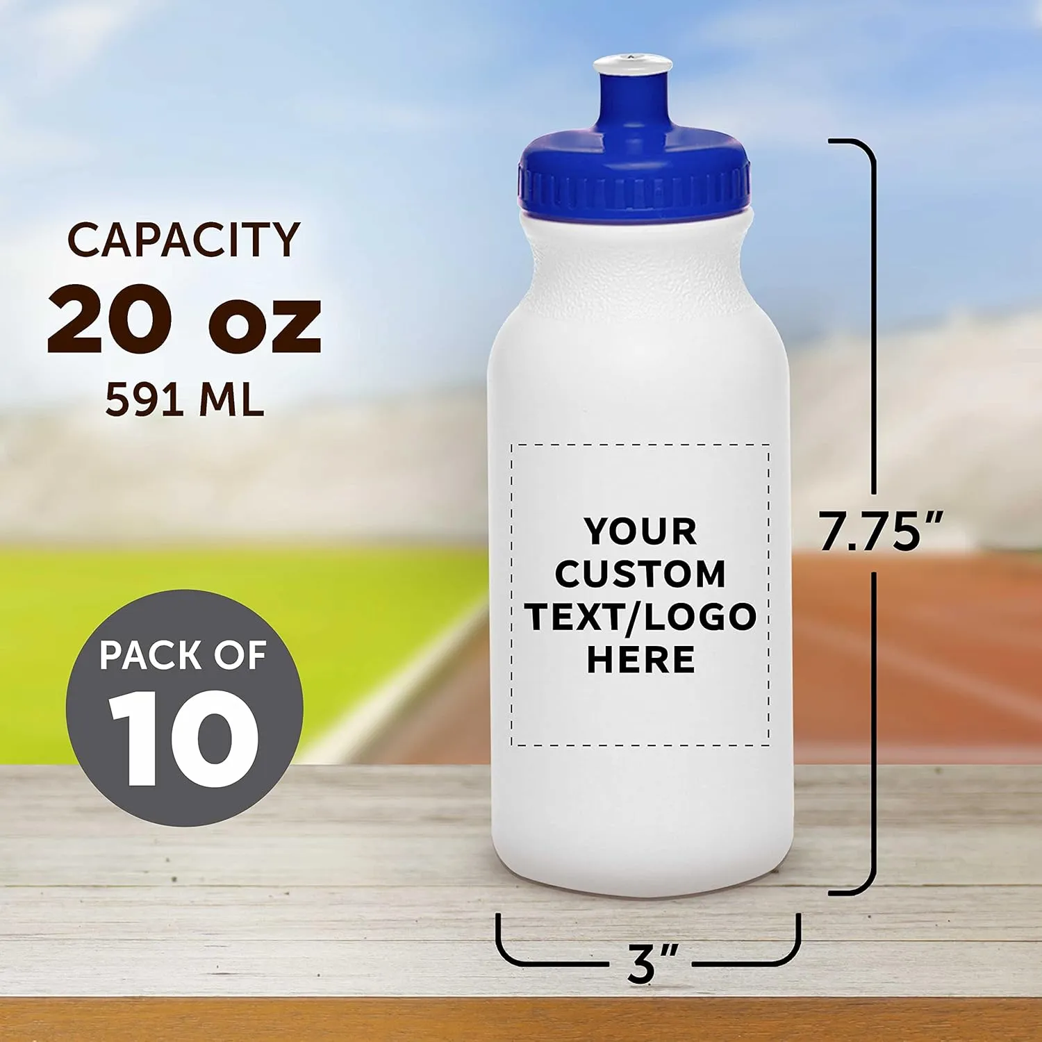 DISCOUNT PROMOS Custom White Water Bottles with Push Cap -10 pack, Customizable Text, Logo, 20 oz, Reusable BPA FREE Squeezable Bottles in Bulk, White Blue