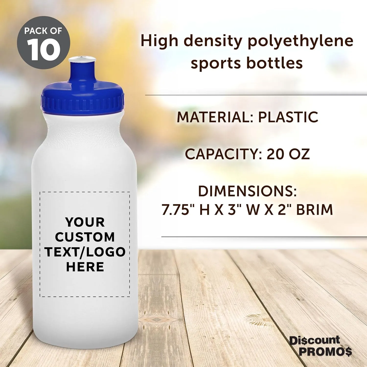 DISCOUNT PROMOS Custom White Water Bottles with Push Cap -10 pack, Customizable Text, Logo, 20 oz, Reusable BPA FREE Squeezable Bottles in Bulk, White Blue