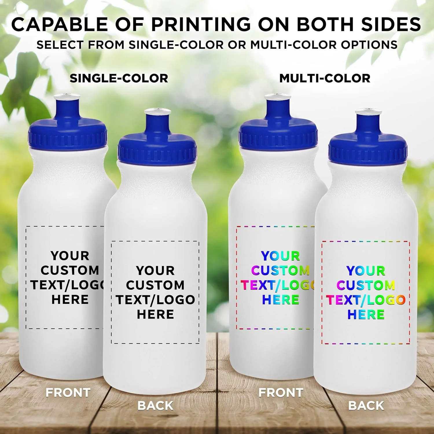 DISCOUNT PROMOS Custom White Water Bottles with Push Cap -10 pack, Customizable Text, Logo, 20 oz, Reusable BPA FREE Squeezable Bottles in Bulk, White Blue