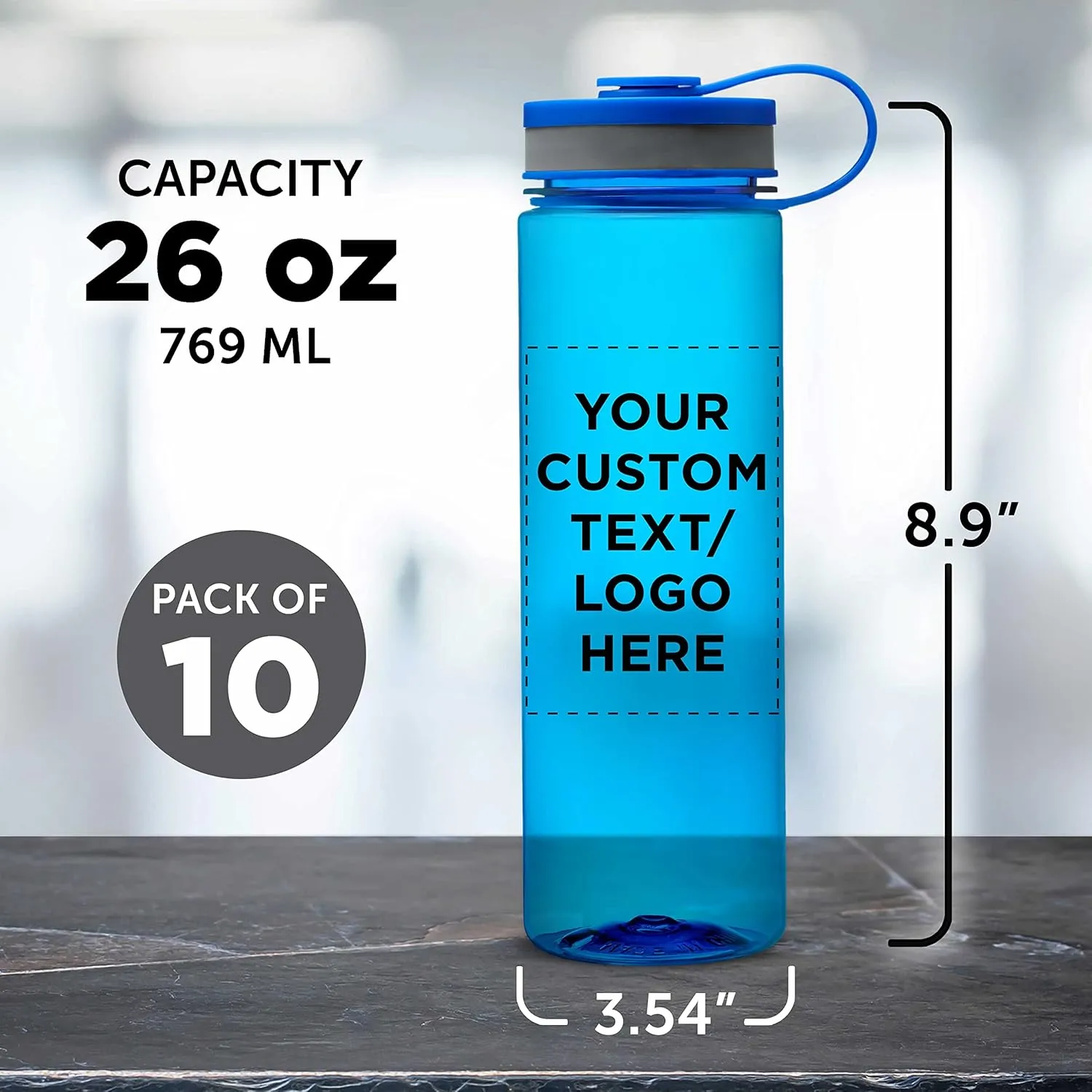 DISCOUNT PROMOS Custom Wide Mouth Water Bottles 26 oz. Set of 10, Personalized Bulk Pack - BPA Free, Great for Gym, Camping, Backpacking, School - Blue