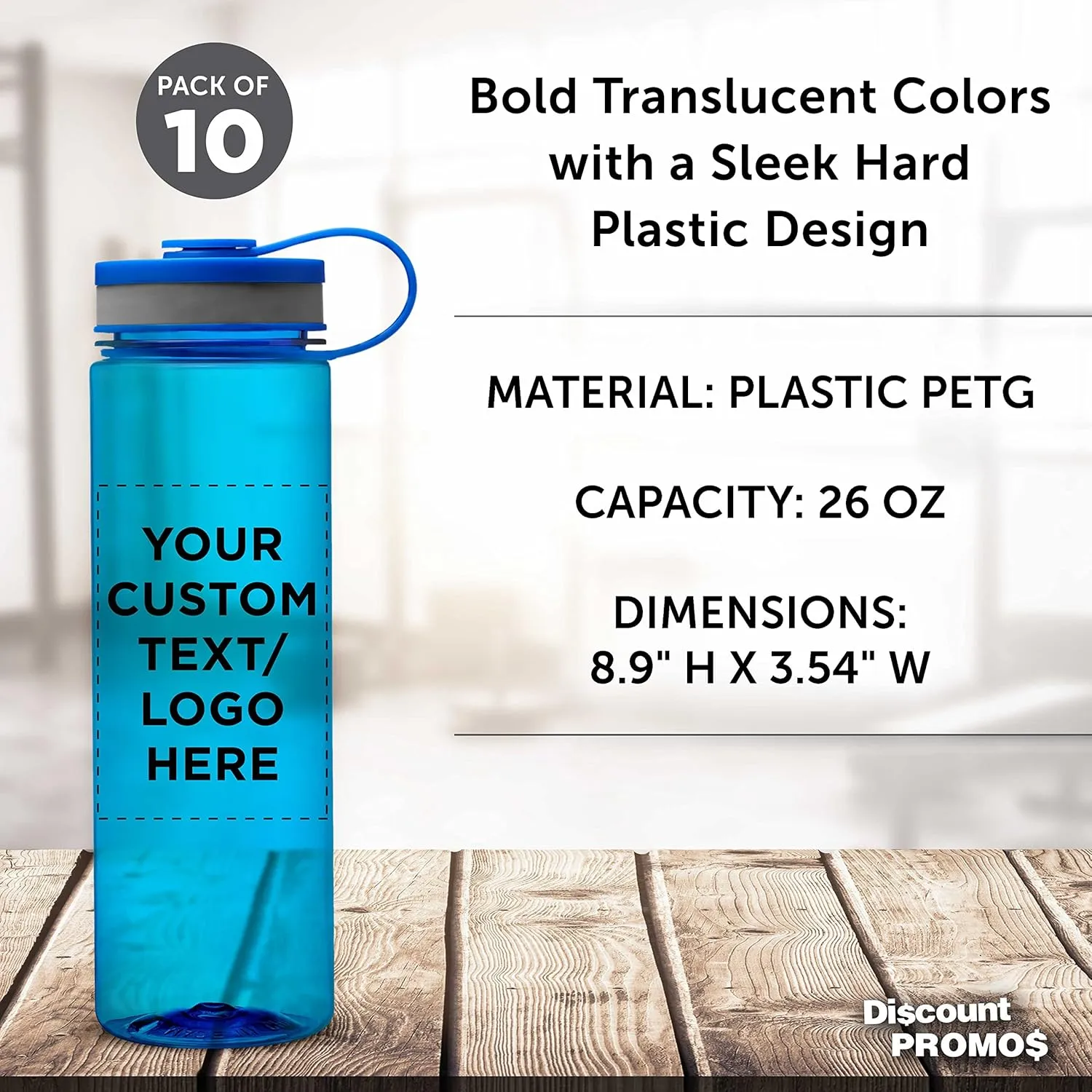 DISCOUNT PROMOS Custom Wide Mouth Water Bottles 26 oz. Set of 10, Personalized Bulk Pack - BPA Free, Great for Gym, Camping, Backpacking, School - Blue