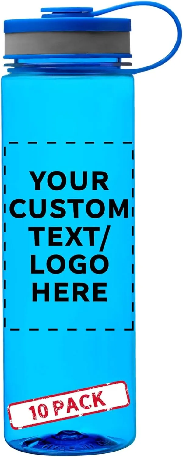 DISCOUNT PROMOS Custom Wide Mouth Water Bottles 26 oz. Set of 10, Personalized Bulk Pack - BPA Free, Great for Gym, Camping, Backpacking, School - Blue