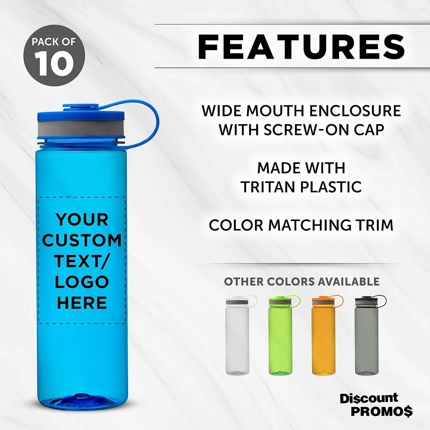 DISCOUNT PROMOS Custom Wide Mouth Water Bottles 26 oz. Set of 10, Personalized Bulk Pack - BPA Free, Great for Gym, Camping, Backpacking, School - Blue