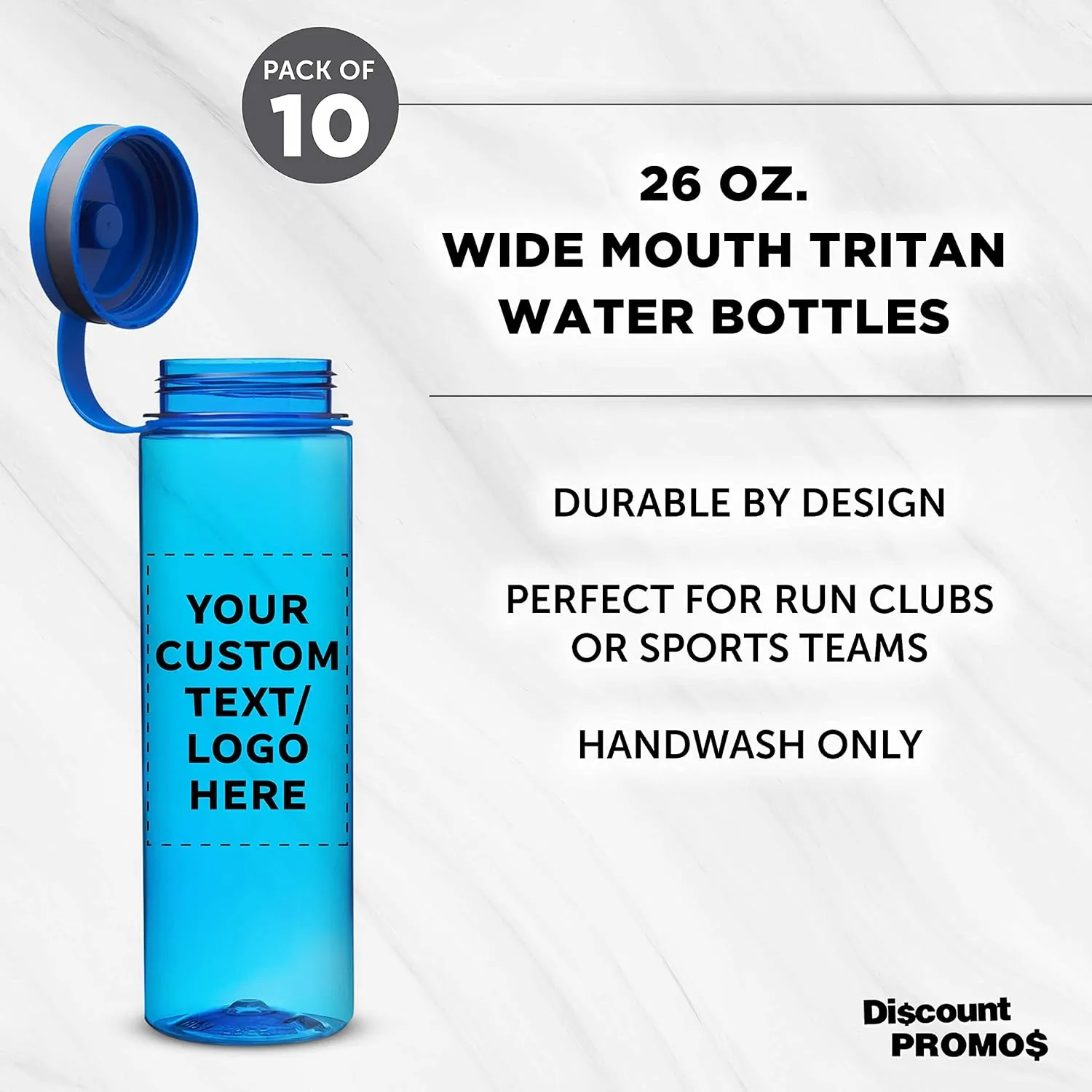 DISCOUNT PROMOS Custom Wide Mouth Water Bottles 26 oz. Set of 10, Personalized Bulk Pack - BPA Free, Great for Gym, Camping, Backpacking, School - Blue