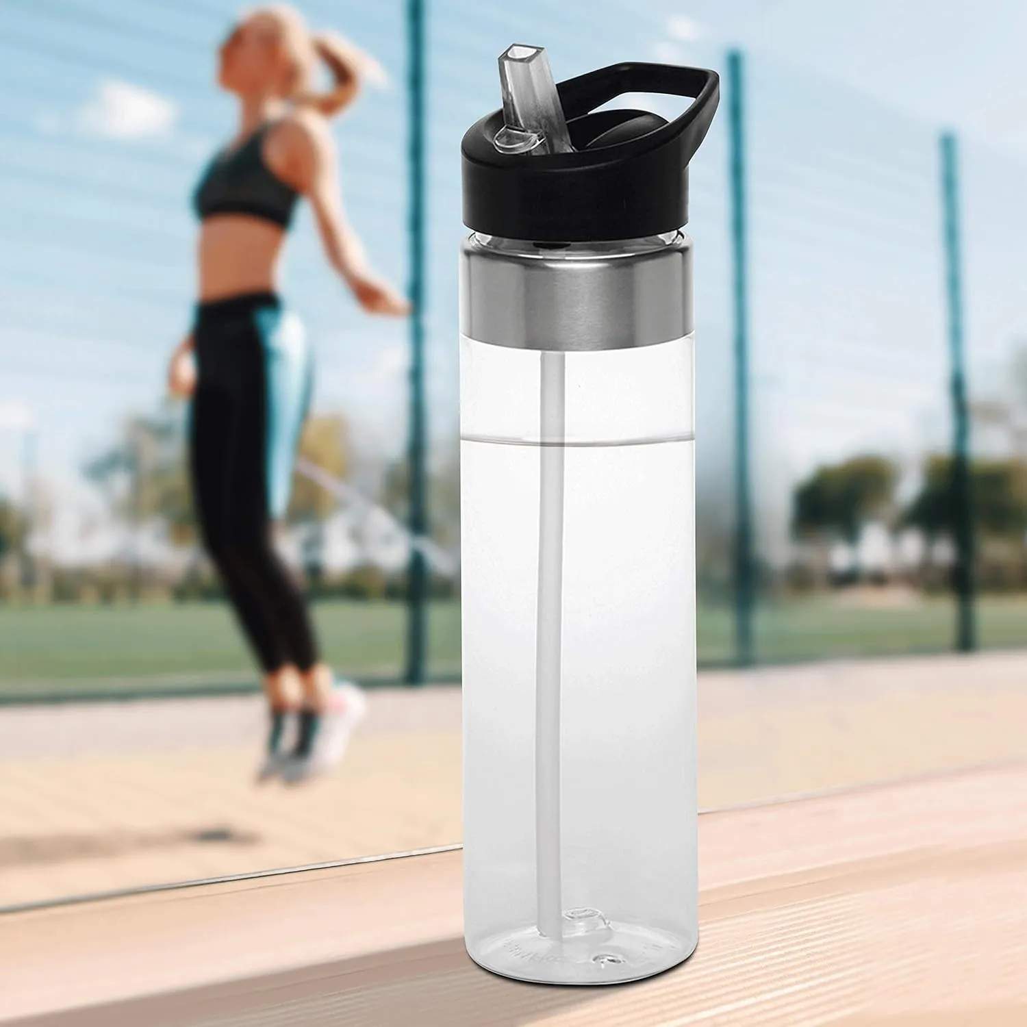 DISCOUNT PROMOS Plastic Water Bottle 24 oz with Inside Straw - BPA Free, Screw-On Cap, Flip Top Nozzle Mechanism - Slim Translucent Body - Eastman Tritan Copolyester - Clear - 10 Pack