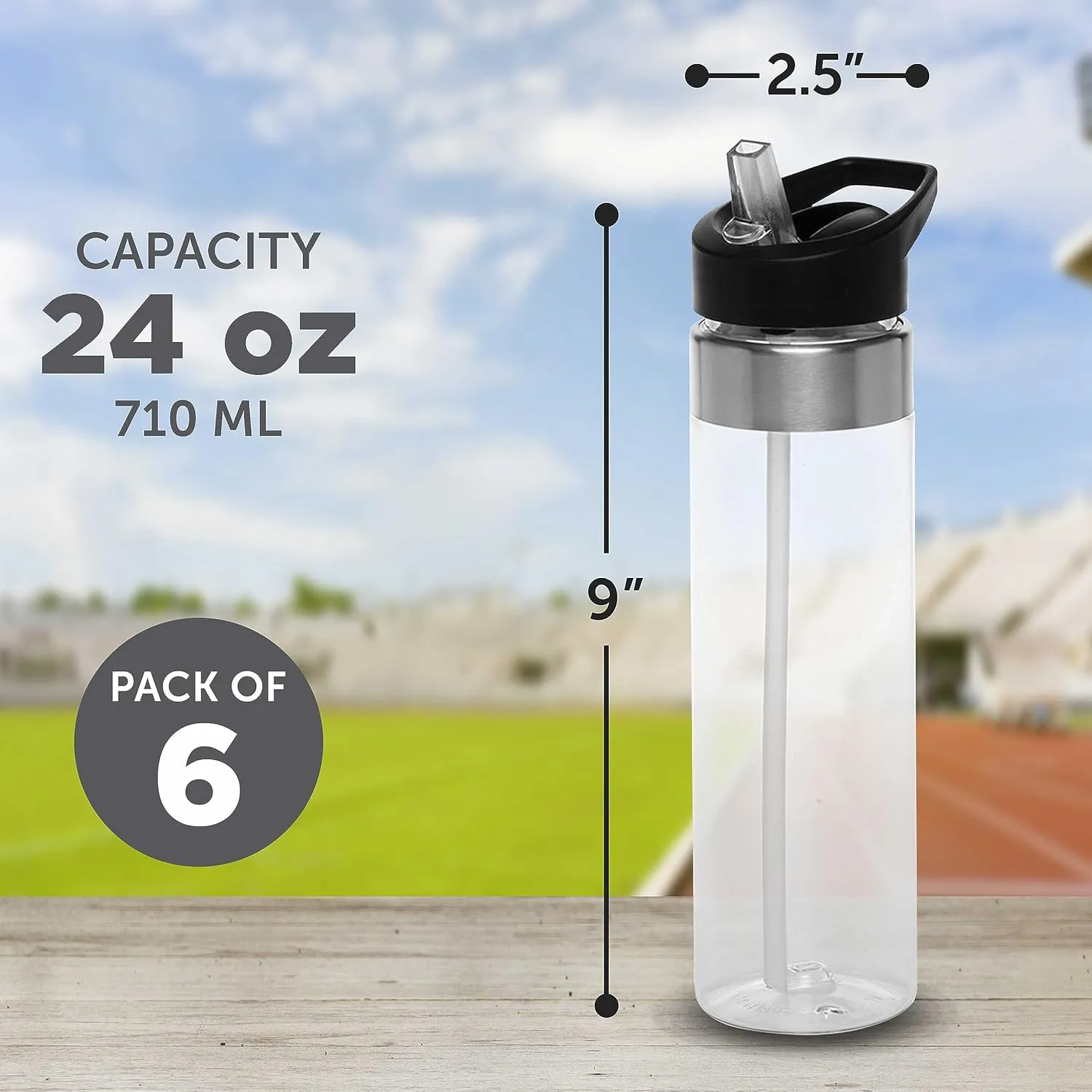 DISCOUNT PROMOS Plastic Water Bottle 24 oz with Inside Straw - BPA Free, Screw-On Cap, Flip Top Nozzle Mechanism - Slim Translucent Body - Eastman Tritan Copolyester - Clear - 10 Pack